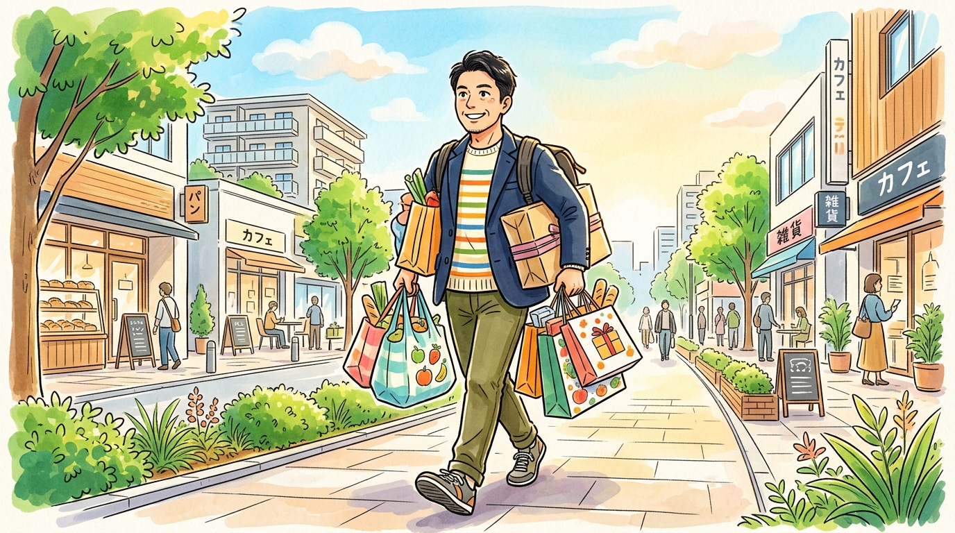 たくさんの荷物を抱えて歩く男性