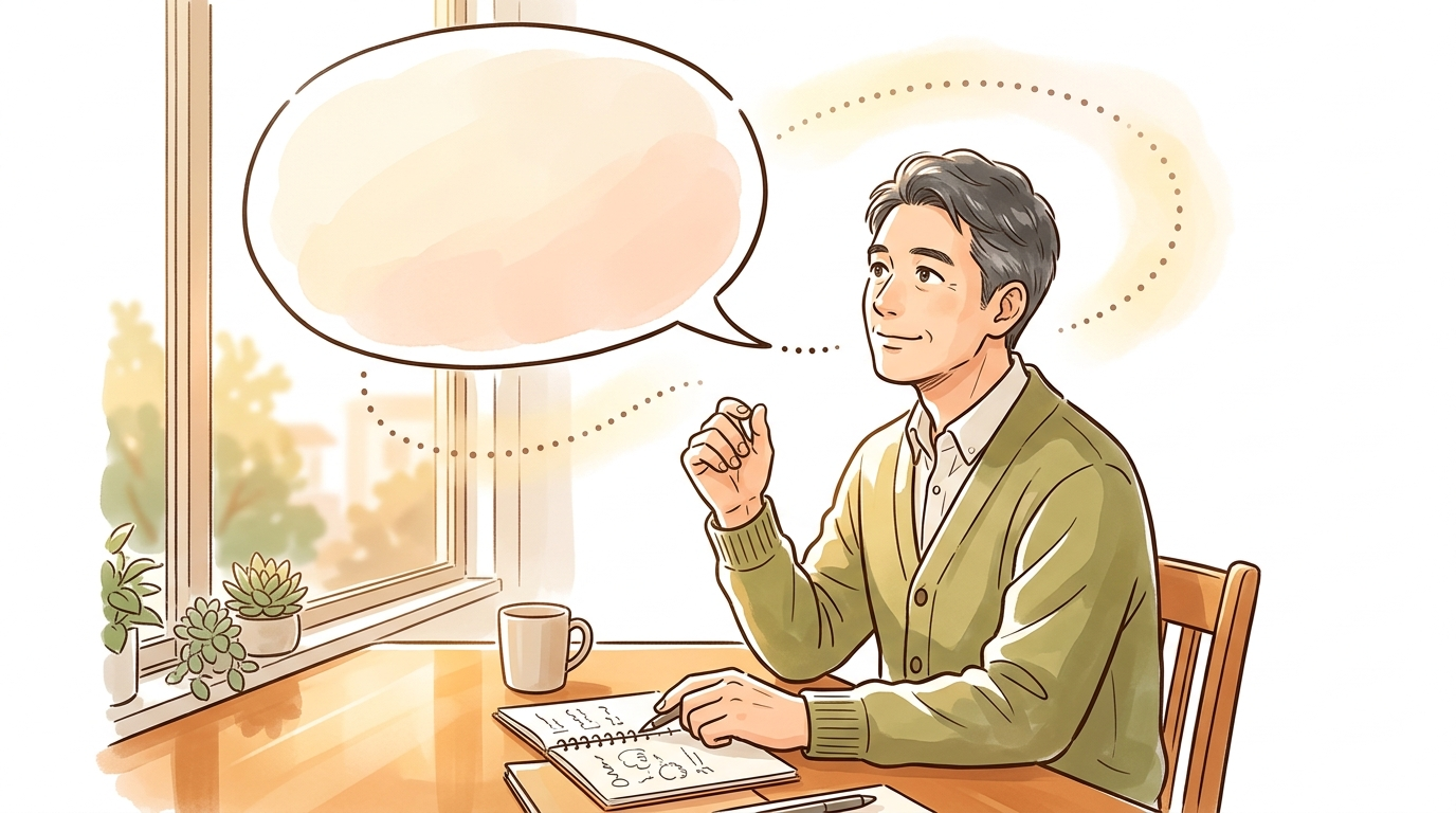 途切れた吹き出しを見上げる男性