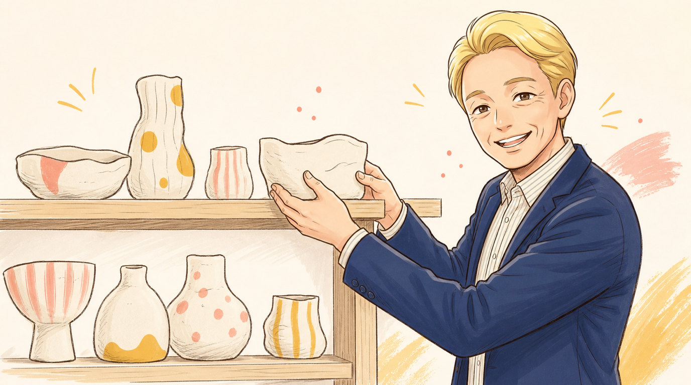 作りかけの少しいびつな品物を、えいっと棚に並べているところ